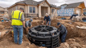 4 hommes en train de mettre en place une fosse septique dans un grand trou