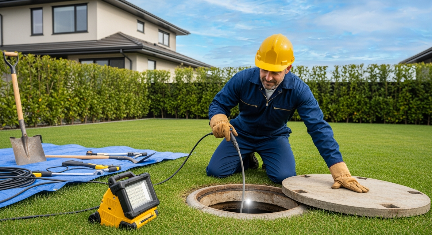 Professionnel en plein travaux de rehausse fosse septique