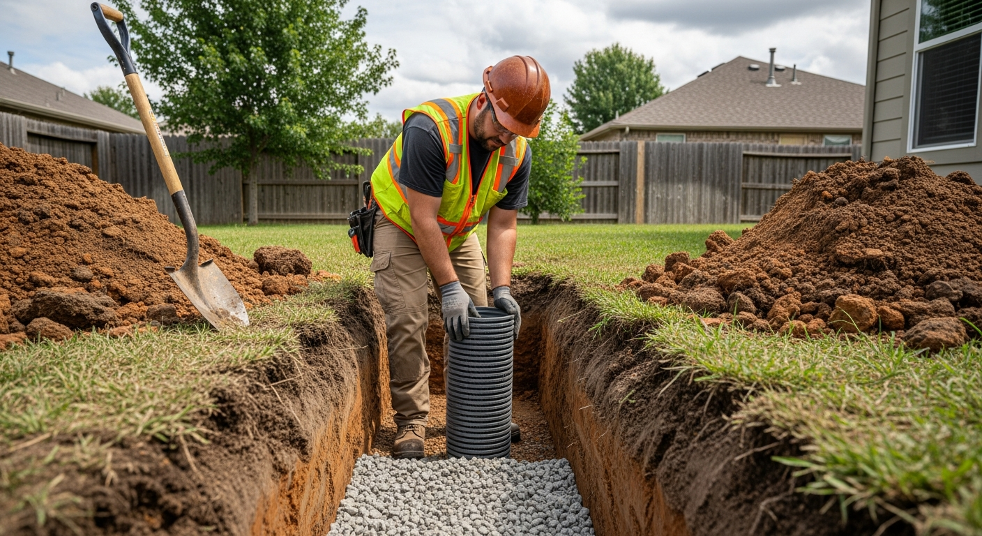 Professionnel pendant les travaux de mise en place drain épandage de fosse septique