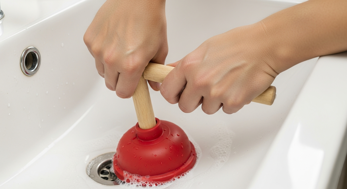 Mains tenant une ventouse pour déboucher une canalisation