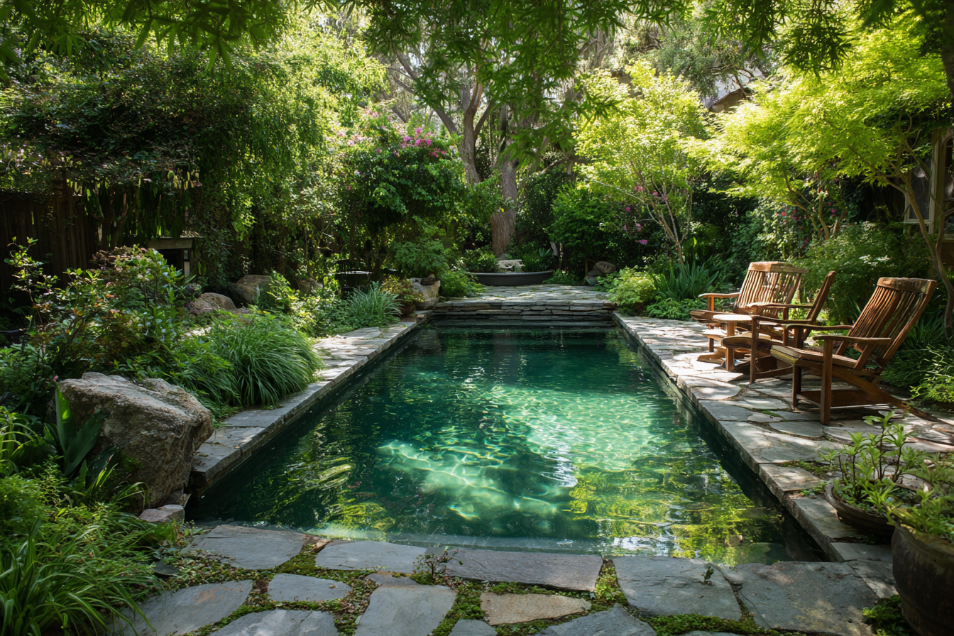 Piscine naturelle dans un jardin verdoyant avec transats en bois et végétation luxuriante, idéale pour créer un espace extérieur frais et apaisant.