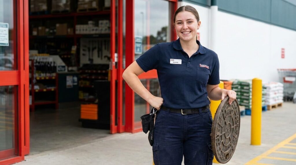 Une vendeuse en magasin présentant un couvercle de fosse septique