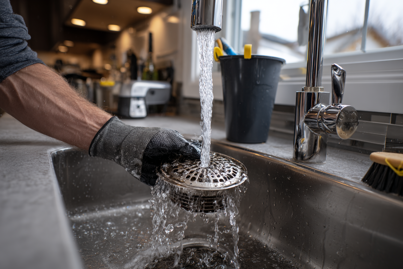 Nettoyage simple et propre du préfiltre d'une fosse septique sous un jet d'eau, montrant l'entretien régulier nécessaire.