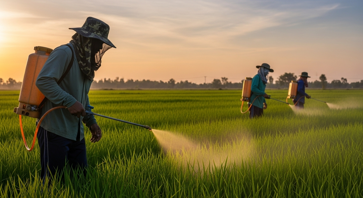 3 travailleurs agricole en pleine action, appliquant un traitement aux cultures dans un champ de riz en début de croissance