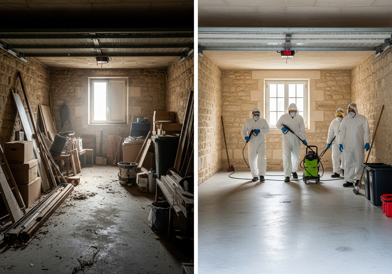 Avant/après débarras maison Bordeaux : garage encombré transformé en espace nettoyé pour travaux d'assainissement par des professionnels