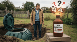 Un homme avec un air interrogatif regarde une fosse septique d'un côté et une bouteille d'acide chlorhydrique