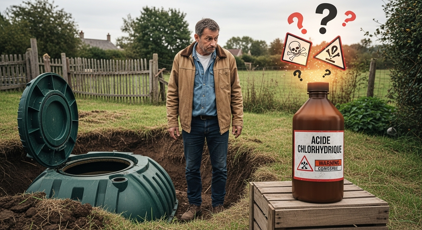 Un homme avec un air interrogatif regarde une fosse septique d'un côté et une bouteille d'acide chlorhydrique