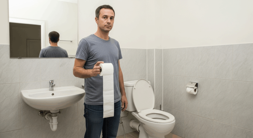 Un homme tenant un rouleau de papier toilette, debout dans une salle de bain