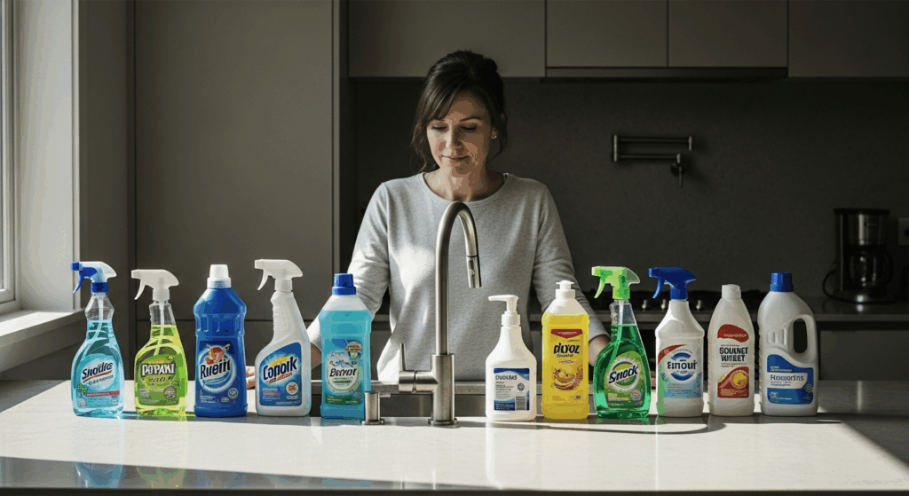 Une femme, debout devant un évier de cuisine moderne, regarde pensivement une rangée de produits d'entretien ménager variés posés sur le comptoir
