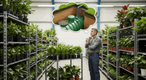 un homme dans un entrepôt qui vend des plants de plante et qui réfléchit devant des plants