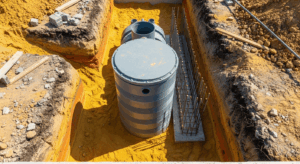 une fosse septique cylindrique grise de grande capacité, fraîchement installée dans une tranchée de terre