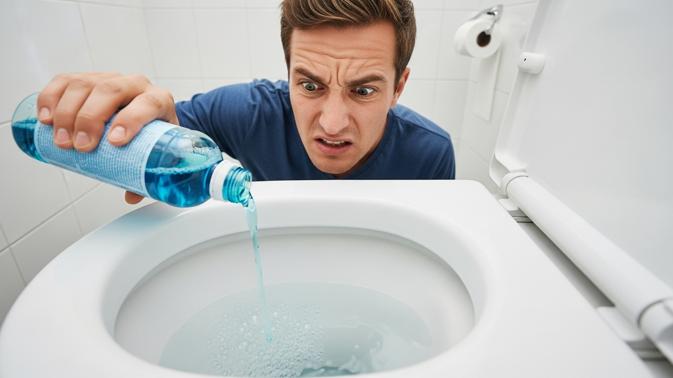 Un homme, le visage concentré et les sourcils froncés, verse un liquide d'une bouteille dans la cuvette des toilettes