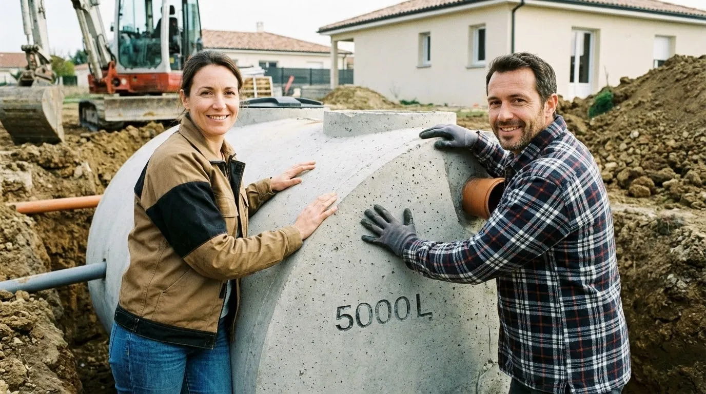 Un homme et une femme mettre la main sur une fosse septique de 5000 L