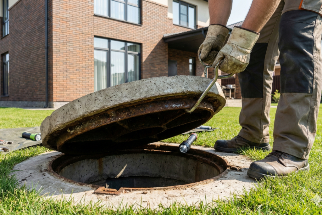 Un ouvrier qui se charge d'un couvercle de fosse septique