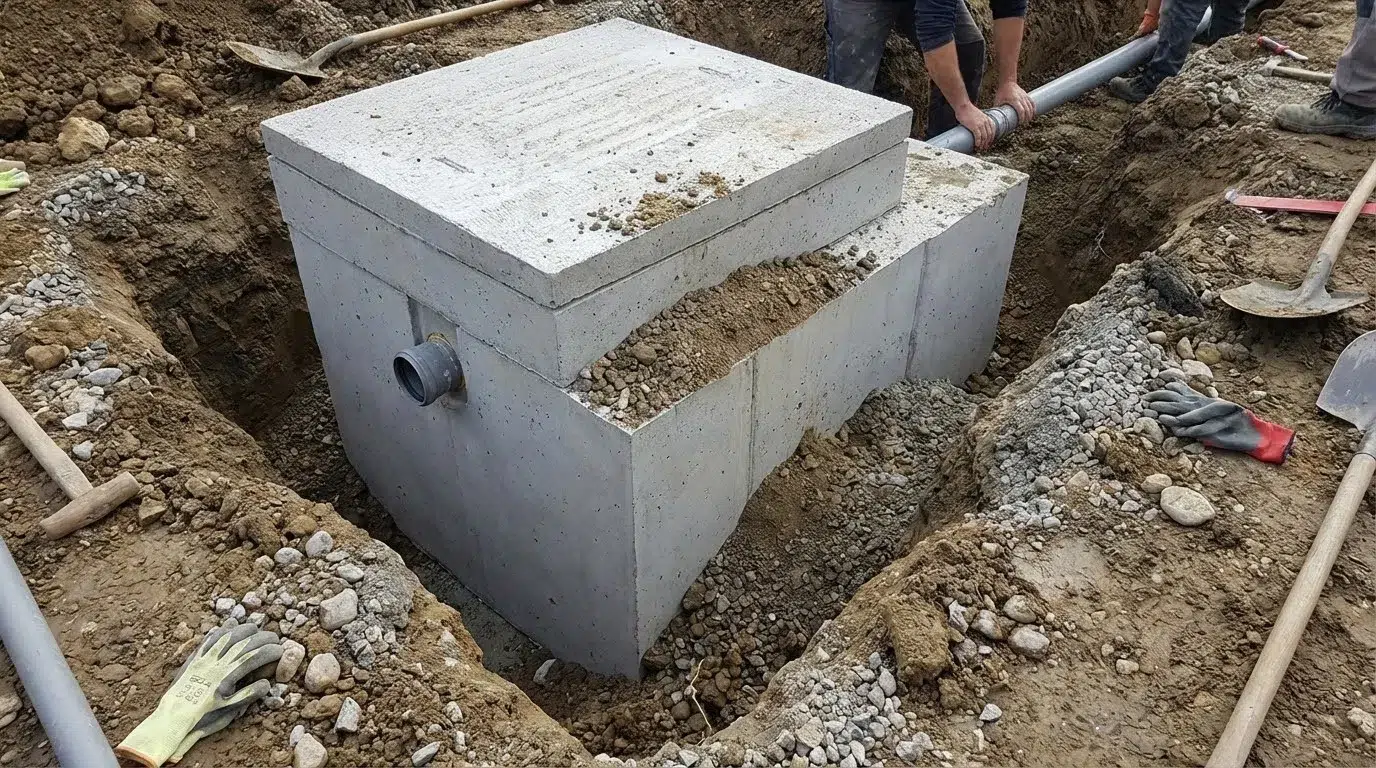 Une fosse toutes-eaux sur le point d'être installée dans la terre