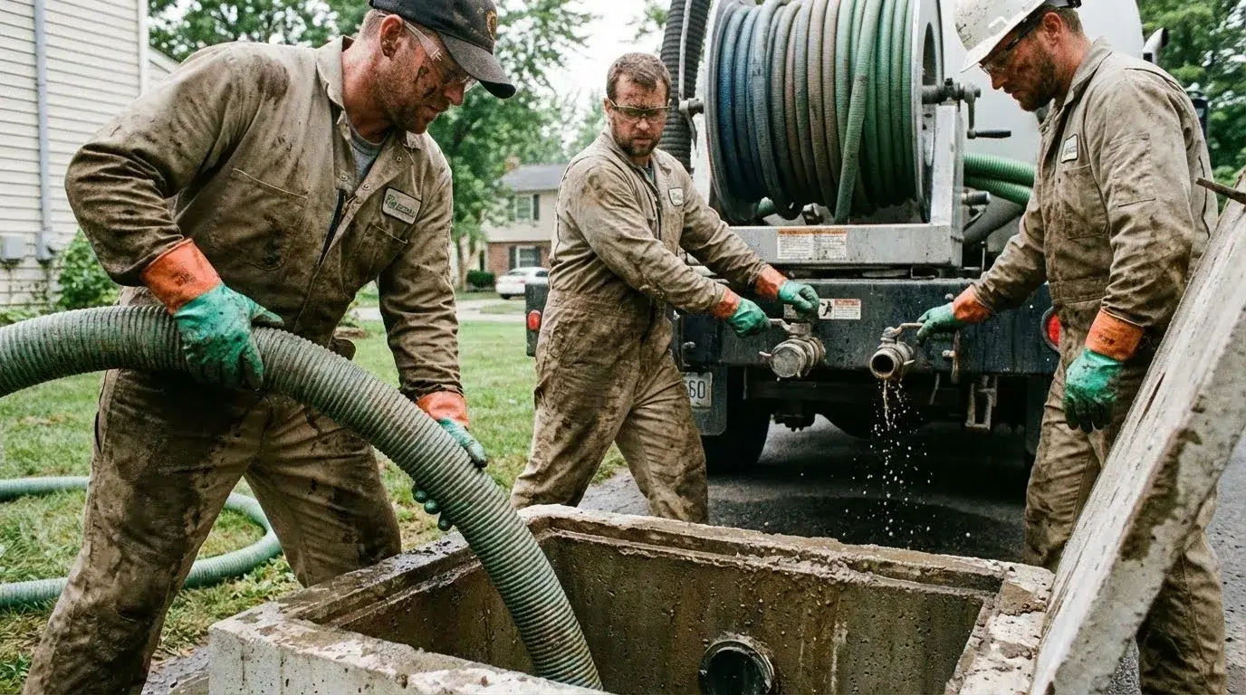 Trois professionnels en pleine vidange d'une fosse septique