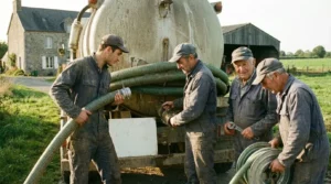 Une équipe d'agriculteurs préfectoralement agréé pour les vidanges de fosses septiques se préparant derrière un camion de vidange