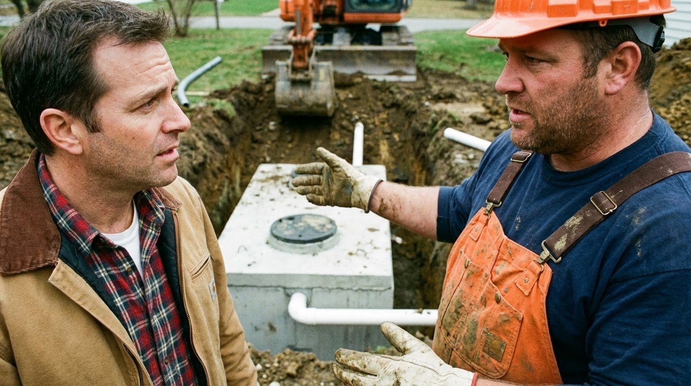 Un installateur de fosse septique discuter avec un propriétaire de fosse septique