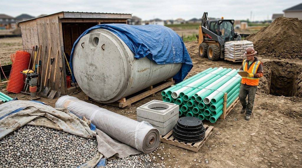 Aperçu d’une zone de stockage temporaire avec des tuyaux, des granulats et une cuve béton pour l’installation d’une fosse septique, utilisant une solution de location de matériel de chantier pour l’assainissement.