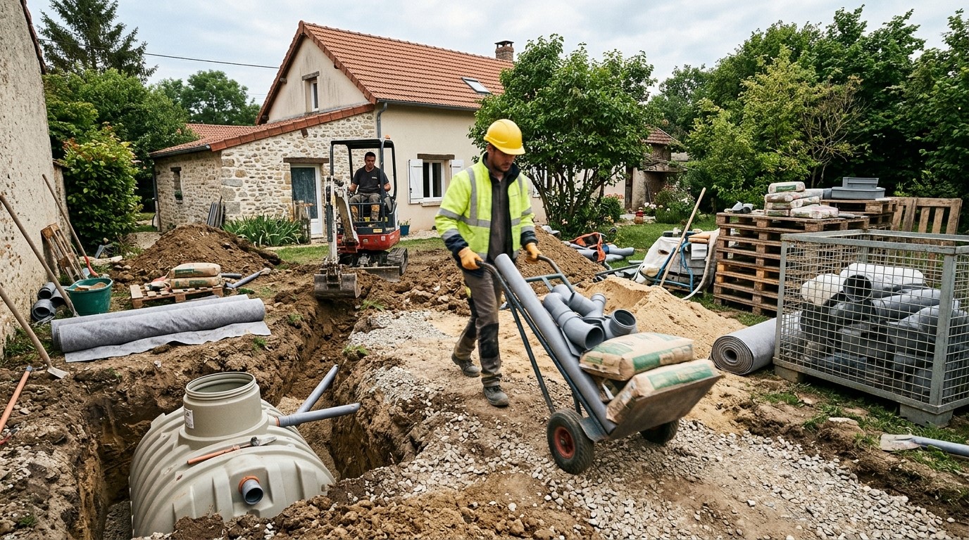 Ouvrier déplaçant des tuyaux et du ciment sur un chariot roulant grâce à la location de matériel de chantier pour l'assainissement.