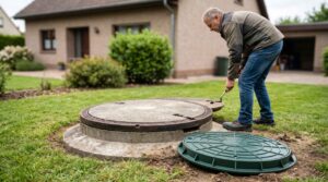 Un homme soulève un lourd couvercle circulaire en béton sur son gazon, devant un modèle vert neuf en matière synthétique.