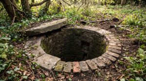 Une structure circulaire en briques est découverte sous un couvercle déplacé, entourée de lierre avec une pelle posée au sol.