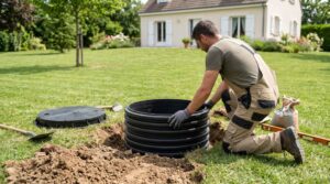Un artisan en salopette agenouillé installe une rehausse noire cannelée près de son couvercle sur une pelouse devant une maison.